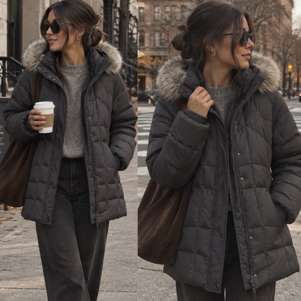 London Fog Quilted Down Puffer Coat with Fur Hood Grey - M